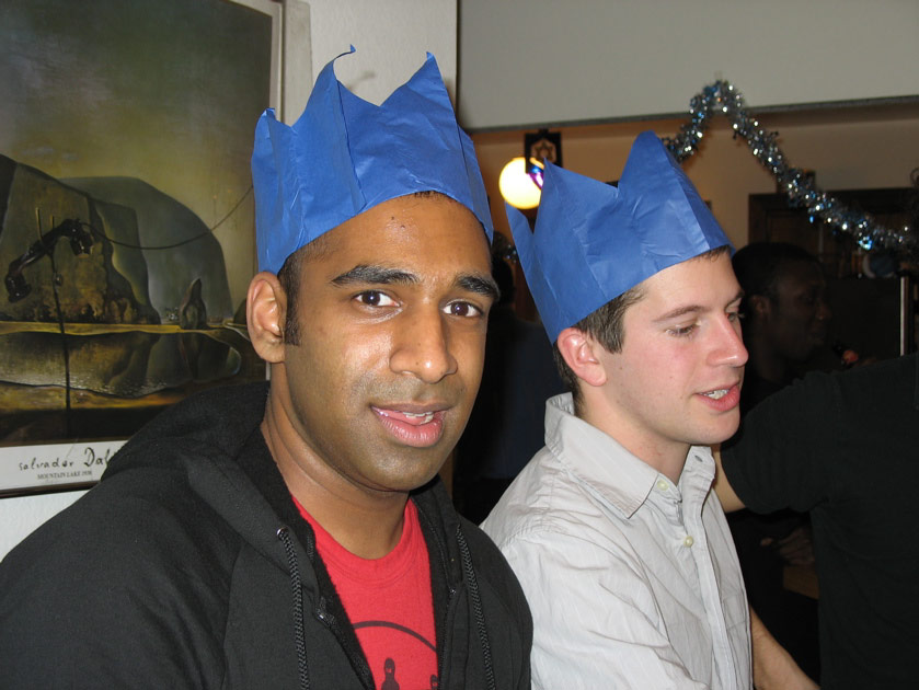 Mo and Evan wear their cracker hats